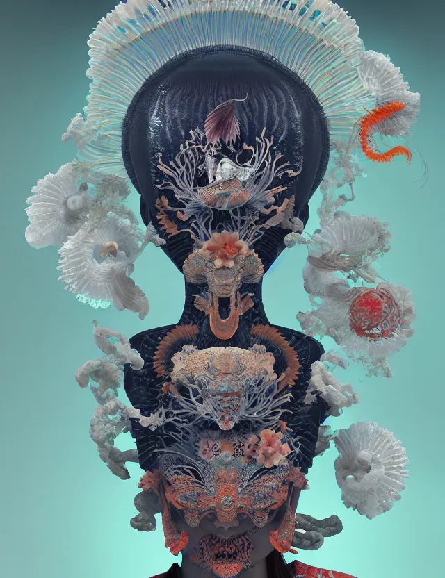 Image similar to 3 d goddess bottom - up with ram skull. beautiful intricately detailed japanese crow kitsune mask and clasical japanese kimono. betta fish, jellyfish phoenix, bio luminescent, plasma, ice, water, wind, creature, artwork by tooth wu and wlop and beeple and greg rutkowski