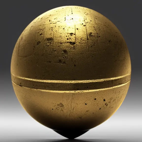 Image similar to An ancient egyptian perfect sphere with the wedjat eye engraved, dirty gold, splash art, movie still, cinematic lighting, dramatic, octane render, long lens, shallow depth of field, bokeh, anamorphic lens flare, 8k, hyper detailed, 35mm film grain