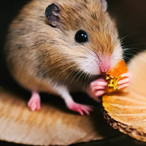 Image similar to a very tiny dwarf hamster eating a large tropical leaf, realistic, depth of field, bokeh blur, studio lighting, detailed, 4 k ultra hd