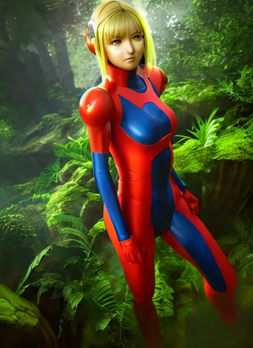 Prompt: Beautiful art portrait of zero suit samus in a bright temple surrounded by lush forest, atmospheric lighting, intricate detail, cgsociety, hyperrealistic, octane render, RPG portrait, ambient light, dynamic lighting