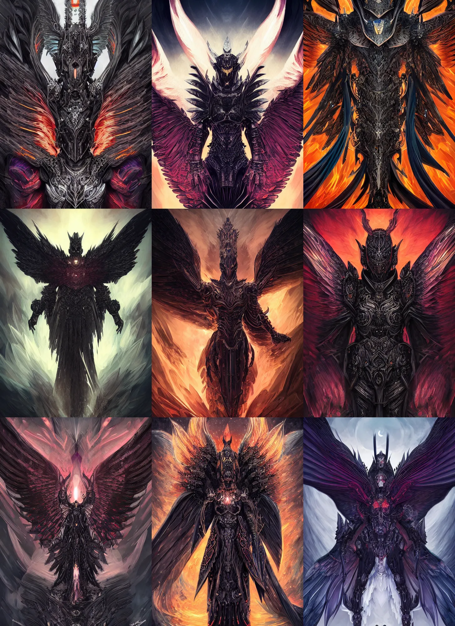 Prompt: portrait of a resurrected black knight, huge symmetric wings, covered in black flames, dark fantasy, hyper detailed, smooth, sharp focus, colorful, digital illustration, by frank franzzeta, rossdraws, sakimichan, chiaroscuro