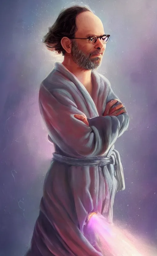 Image similar to george costanza with wild hair and bright eyes. he's wearing a flowing bathrobe made of light, airy fabric and he has a mischievous look on his face, dynamic lighting, photorealistic fantasy concept art, trending on art station, stunning visuals, creative, cinematic, ultra detailed