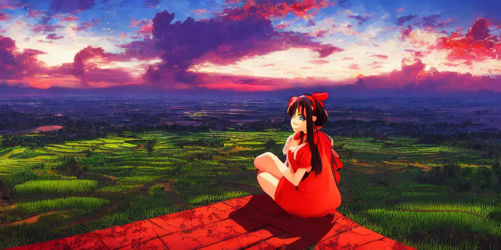 Prompt: reimu sitting on a hill overlooking rice paddies during sunset cinematic, deep vibrant colors, anime illustration, anime composite background