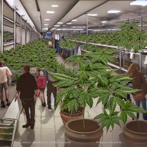 Image similar to bustling economy organised retail cannabis leaf in a pot industry, aussie, fun concept digital art, environment portrait by steve hanks, australia rendered in pixar