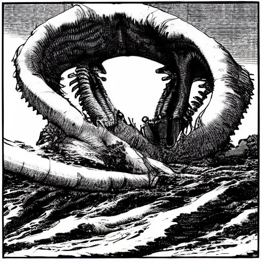 Image similar to “ kentaro miura ” “ bernie wrightson ” aquatic horror shape diablo canyon drought 1 0 2 4 x 1 0 2 4