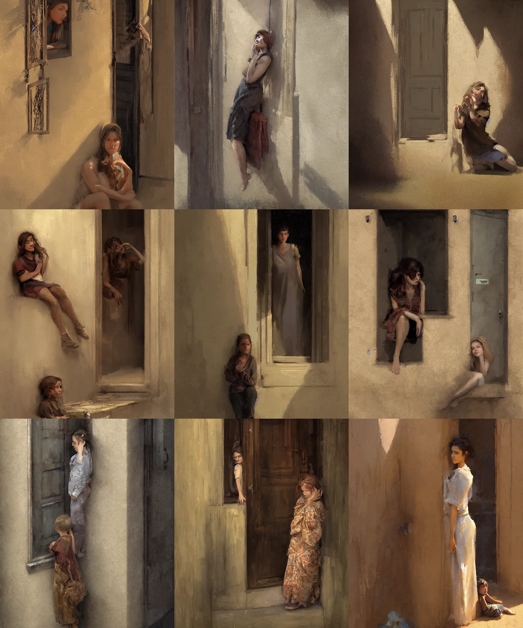 Prompt: front view digital art painting of a young woman leaning on the wall next to the door of her humble house, calling her son which is playing on the backyard by craig mullins and gaston bussiere and greg rutkowski, symmetrical face, defined facial features, symmetrical facial features, dramatic lighting, close up