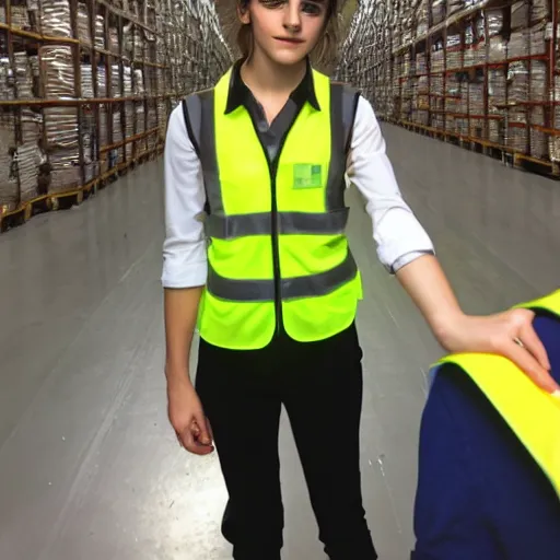 Image similar to photo, close up, emma watson in a hi vis vest, in warehouse, android cameraphone, 2 6 mm