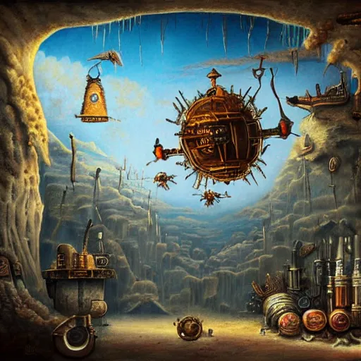 Image similar to surrealist landscape, inside steampunk ant citya, painting, highly detailed