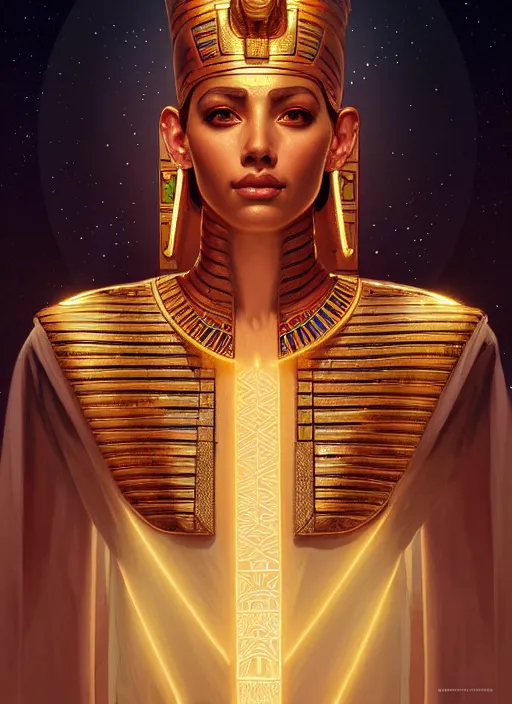 Image similar to symmetry!! portrait of ancient pharaoh wearing traditional attire, sci - fi, tech wear, glowing lights!! intricate, elegant, highly detailed, digital painting, artstation, concept art, smooth, sharp focus, illustration, art by artgerm and greg rutkowski and alphonse mucha