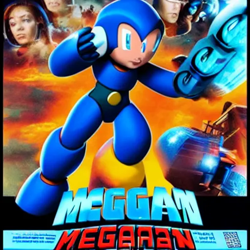 Prompt: A glossy promotional image for the upcoming sci-fi action movie 'MegaMan'
