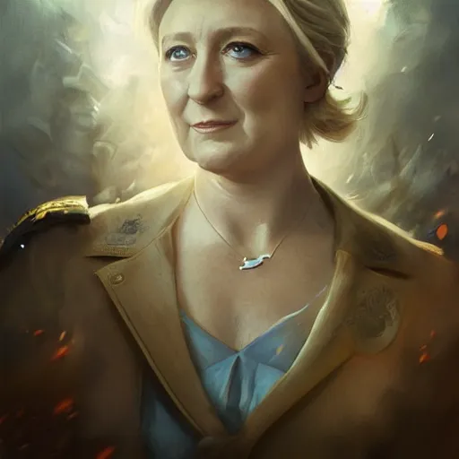 Prompt: Portrait of Marine le Pen , french revolution, heroic, amazing splashscreen artwork, splash art, head slightly tilted, natural light, elegant, intricate, fantasy, atmospheric lighting, cinematic, matte painting, detailed face, by Greg rutkowski