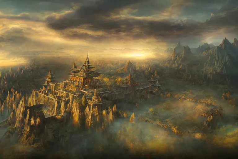 Image similar to fantasy painting, aerial view of an ancient land, sunset and ominous shadows over the kingdom, brutalist shiro himeji rivendell palace eden by jessica rossier and ( ( ( ( brian froud ) ) ) )