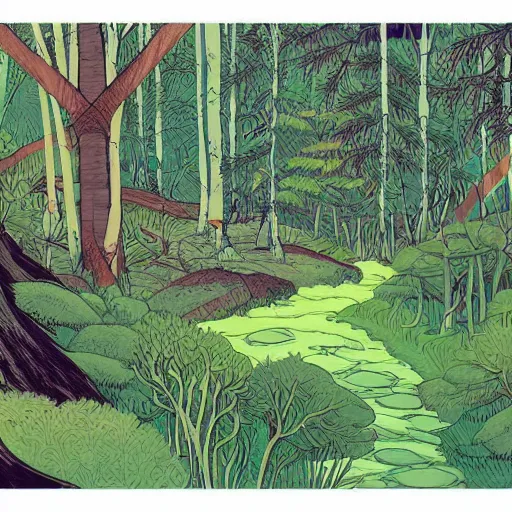 Prompt: A beautiful experimental art of a serene and picturesque forest scene. The leaves are all different shades of green, and the sunlight is shining through the trees. There is a small stream running through the forest, and the whole scene is surrounded by mountains. amaranth, Carboniferous by Rumiko Takahashi, by Jamie McKelvie offhand