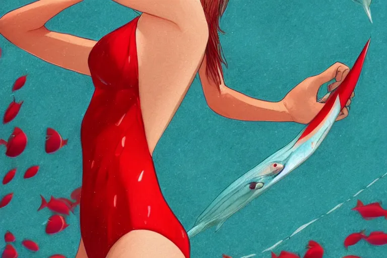 Prompt: fishes swim around woman in red swimsuit, highly detailed, smooth, sharp focus, concept art, illustration, beautiful, geometric, trending on artstation, cinematic, behance featured, artwork by Bowater, Charlie
