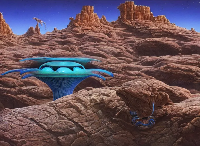 Image similar to strange surrealist detailed alien electronic-musical-instruments!! in a bryce 3d surrealist landscape biome, designed by john howe, and pixar!!, Michael Whelan art directs Dune (1984), hyper detailed, photorealistic, 8k, hd