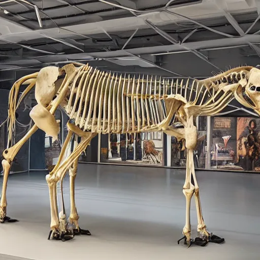 Prompt: full view of a anatomically complete unicorn skeleton in a museum, detailed photograph