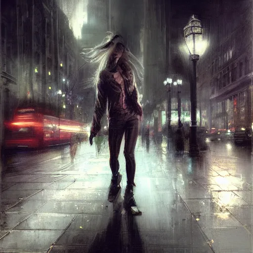 Image similar to walking the streets of london at night by raymond swanland, highly detailed, dark tones