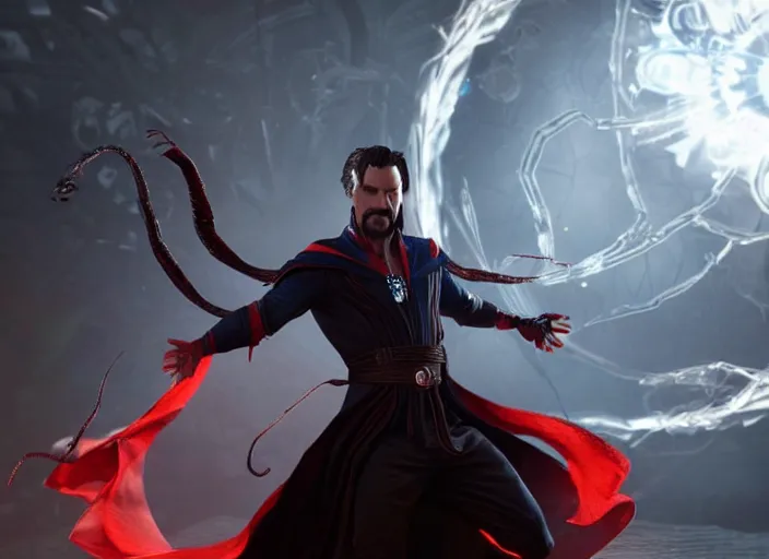 Image similar to venom fused with doctor strange, ultra realistic 4 k unreal engine very cinematic render with ray tracing bloom ambient occlusion strong reflections depth of field fog