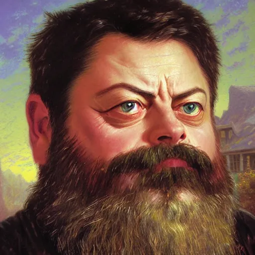 Prompt: detailed portrait painting of Nick Offerman as a dwarf gunslinger by Thomas Kinkade, William-Adolphe Bouguereau and Ted Nasmith, Booru, RPG portrait, fantasy portrait