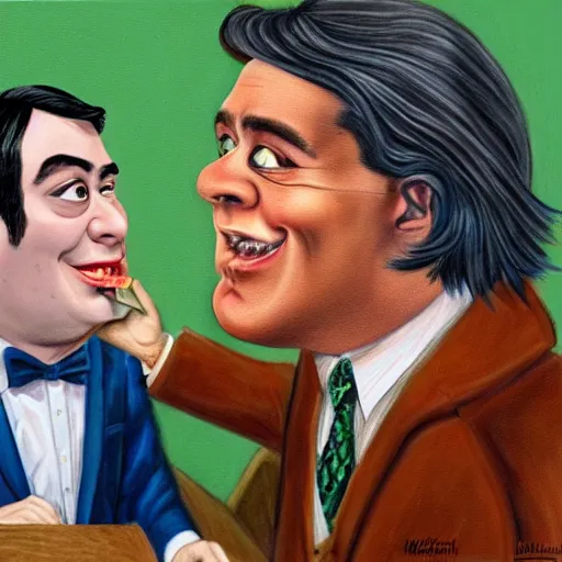 Prompt: beautiful lifelike painting of martin shkreli and the batman happily married, hyperreal detailed facial features and uv lighting, art by ed roth and basil wolverton