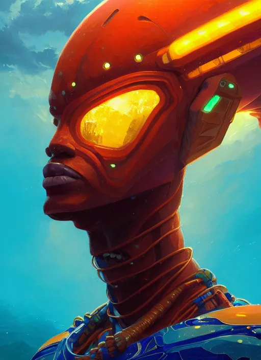 Image similar to portrait of a jamaican fisherman sci - fi glowing fishing armor muscular cyberpunk intricate elegant highly detailed digital painting artstation concept art, ocean background, jamaican colors, cinematic, greg rutkowski, loish, rhads, ferdinand knab, makoto shinkai and lois van baarle, ilya kuvshinov, rossdraws, tom bagshaw