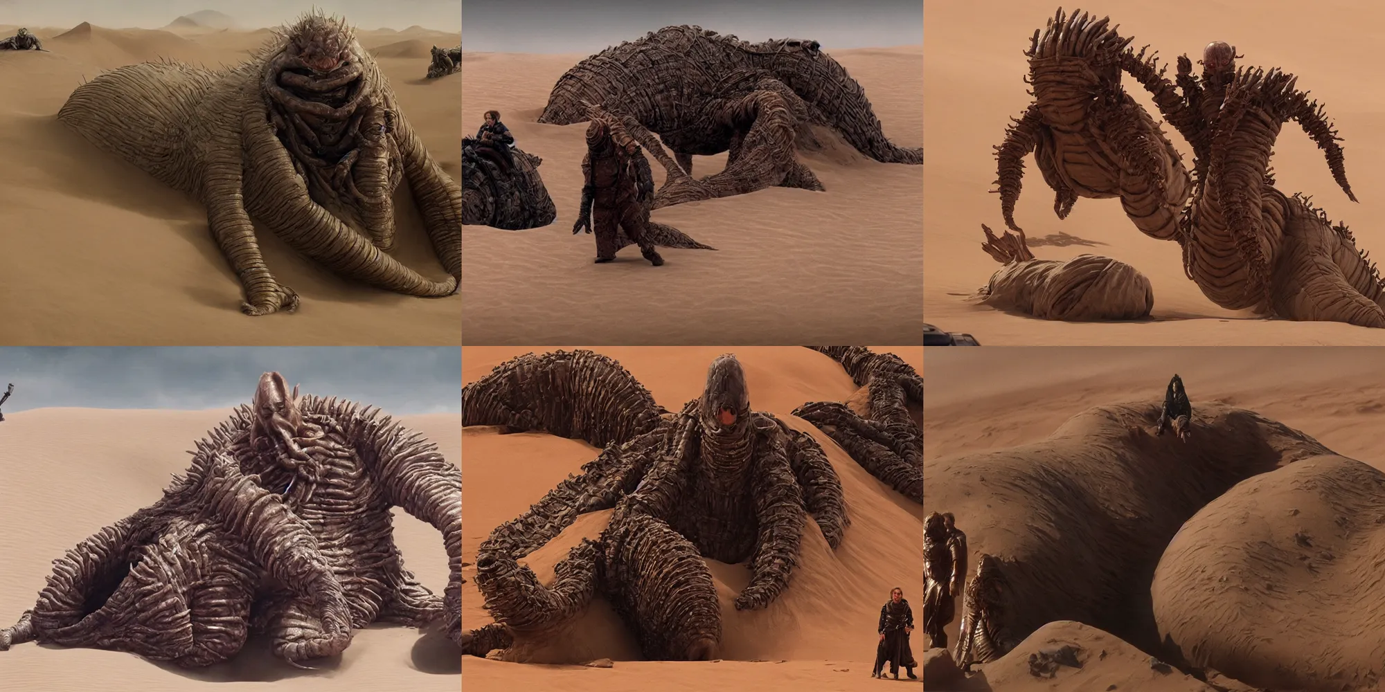 Prompt: cinematic still from the movie dune : ( subject = donald trump + dune sandworm hybrid + subject detail = john carpenter the thing, dom qwek, john howe, anatomical, puss, ooze ), in the last of us, intricate detailed, ommatidia, 8 k, cinematic atmosphere, post - processing