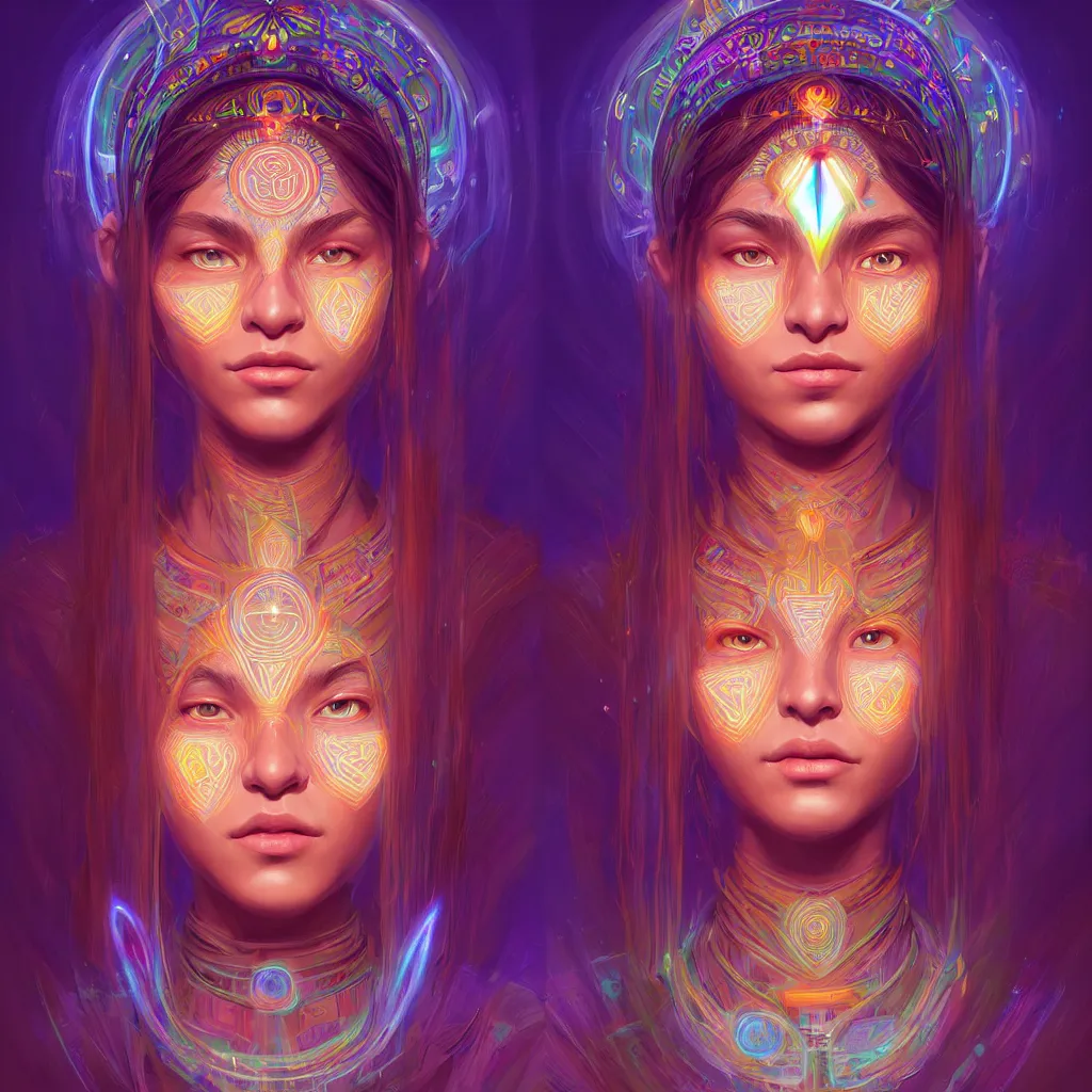 Image similar to portrait of a future metaverse ayahuasca tech shaman warrior, 2 d cartoon, visionary art, symmetric, magick symbols, holy halo, shipibo patterns, sci - fi, concept art, trending on art station, 8 k digital art, by mandy jurgens, fantasy portrait art, anime