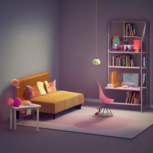 Image similar to a chubby cute room, 3 d illustration, isometric, 1 0 0 mm, octane render, studio lighting