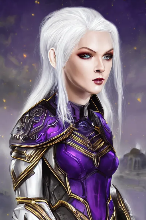 Prompt: portrait evilly knights of Zodiac girl, white hair, seductive eyes and face metalic deep purple and black reflected armor, in ruined Agora of Athens thunder flash night, sparkling, ssci-fi, fantasy, intricate, very very beautiful, elegant, golden light, highly detailed, digital painting, artstation, concept art, smooth, sharp focus, illustration, art by tian zi and WLOP and alphonse mucha