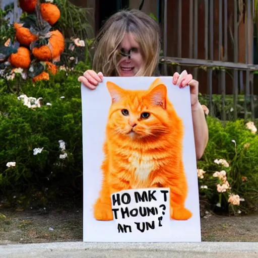 Image similar to a cute fluffy orange tabby cat holding a sign that says