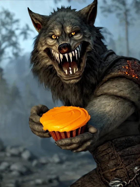 Image similar to cute handsome cuddly burly surly relaxed calm timid werewolf from van helsing holding a delicious cupcake with orange frosting in a candy shop sweet unreal engine hyperreallistic render 8k character concept art masterpiece screenshot from the video game the Elder Scrolls V: Skyrim