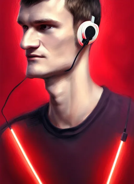 Image similar to portrait of vitalik buterin with hazel eyes, hazel colored eyes, red shirt, headphones, intricate, elegant, glowing lights, highly detailed, digital painting, artstation, concept art, smooth, sharp focus, illustration, art by wlop, mars ravelo and greg rutkowski