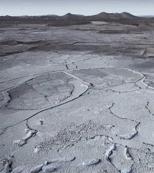 Image similar to hyperealistic render of a white bioremediation architecute in the mining tailings in chuquicamata city, atacama desert filled with stars at night, hazy and misty, uhd, high detail, corona render, unreal engine, ue 5, vray