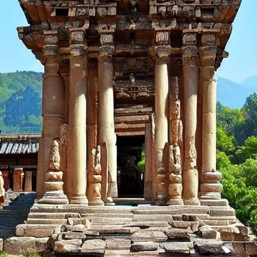 Prompt: an ancient temple with breathtaking architecture, surrounded by flying air bisons, dreamy, blooming ecosystem,
