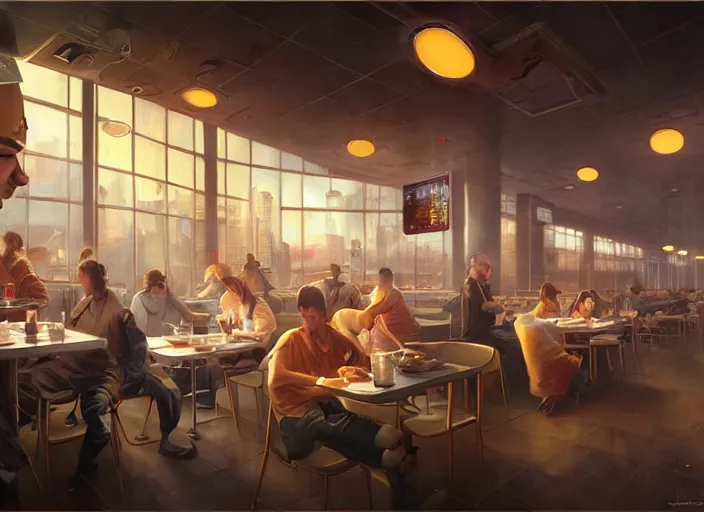 Prompt: waffle house, futuristic painting, elegant intricate digital painting artstation concept art by mark brooks and brad kunkle detailed