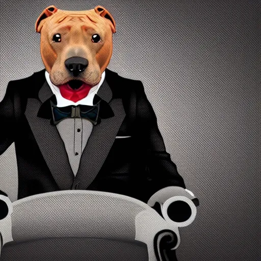 Prompt: An anthropomorphic pitbull wearing a tuxedo and smoking a cigar sitting in an office chair in a dark room, 8k, highly detailed, cinematic,