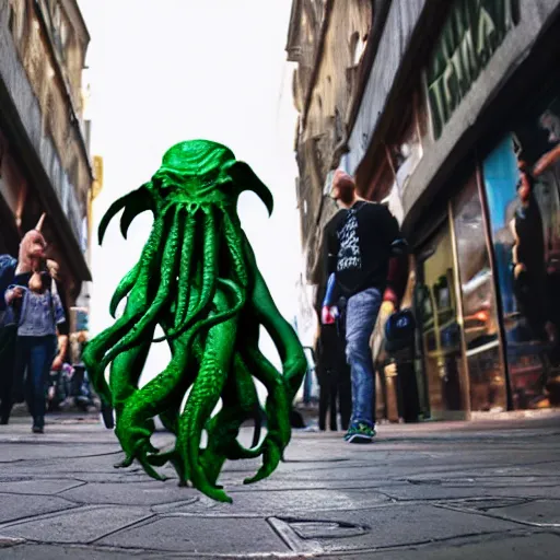 Prompt: photo of a man walk a cthulhu on the street, 8 k