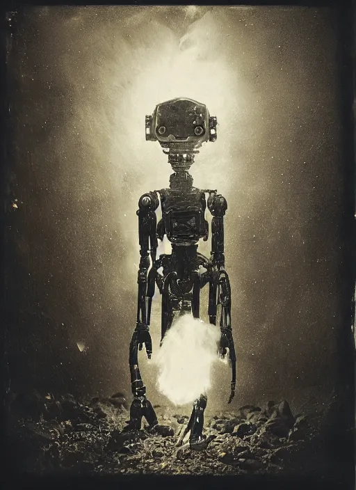 Prompt: old wetplate daguerreotype portrait of futuristic robot on fire, explosion of data fragments, fractal, intricate, elegant, highly detailed, parallax, leica, medium format, subsurface scattering, by jheronimus bosch and greg rutkowski and louis jacques mande daguerre