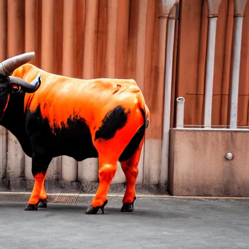 Image similar to bull in a bullring wearing orange prisoner clothes