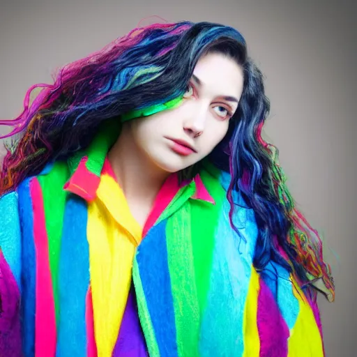 Prompt: androgynous person with long dark wavy hair in colorful clothing