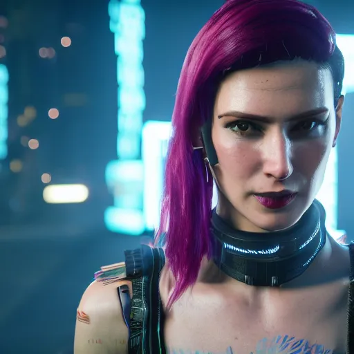 Image similar to female V from Cyberpunk 2077 wearing spiked collar, 4K