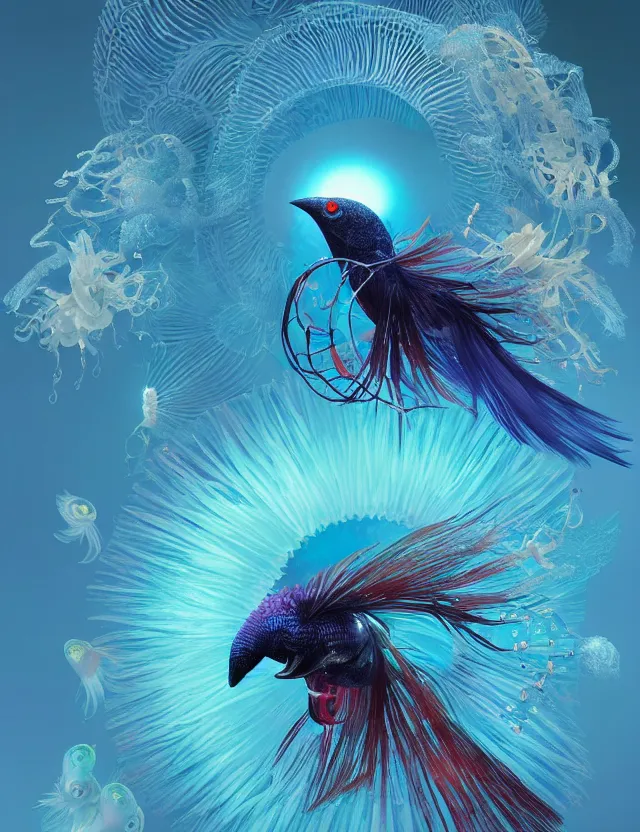 Prompt: 3 d eye of god. beautiful intricately detailed japanese crow kitsune mask and clasical japanese kimono. betta fish, jellyfish phoenix, bio luminescent, plasma, ice, water, wind, creature, artwork by tooth wu and wlop and beeple and greg rutkowski