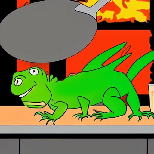 Prompt: iguana in the kitchen holding a spatula cooking a steak, cartoon style, anime,