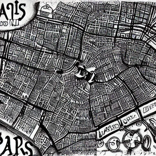 Image similar to a map of paris in kentaro miura's style, drawing