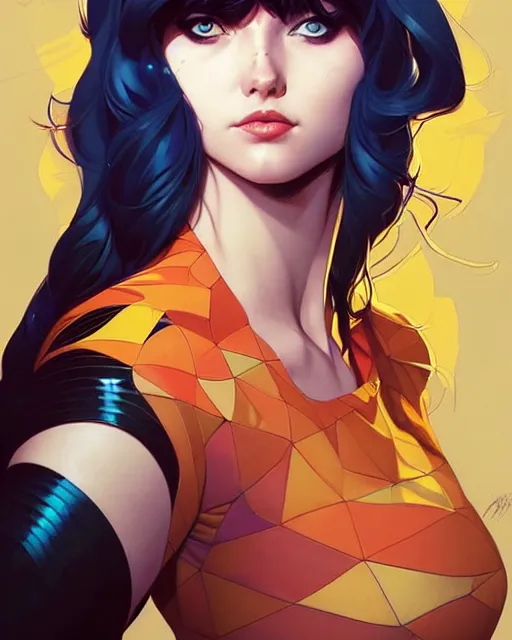 Image similar to artgerm, joshua middleton and sandra chevrier comic cover art, full body cute young lady, matching eyes, bangs, rim lighting, vivid colors