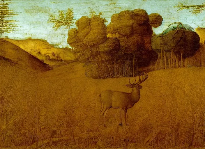 Image similar to A painting in the style Leonardo Da Vinci of a deer standing in a wheat field surrounded by a forest