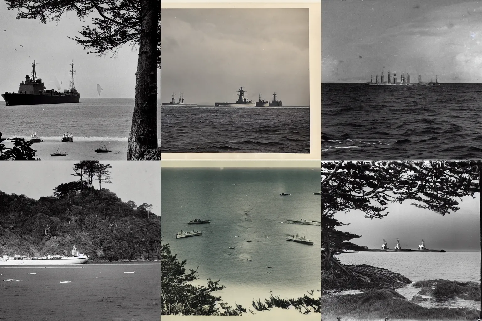 Prompt: landscape Photograph of a forested island surrounded by ocean with several WWI destroyers sailing past nearby.