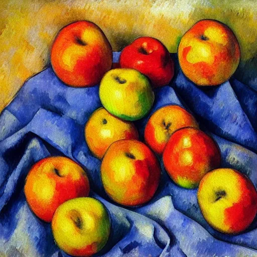 Prompt: a gauguinesque, impressionistic painting of apples and other fruit on a blue cloth by paul cezanne, pixabay contest winner, post - impressionism, fauvism, picasso, impressionism