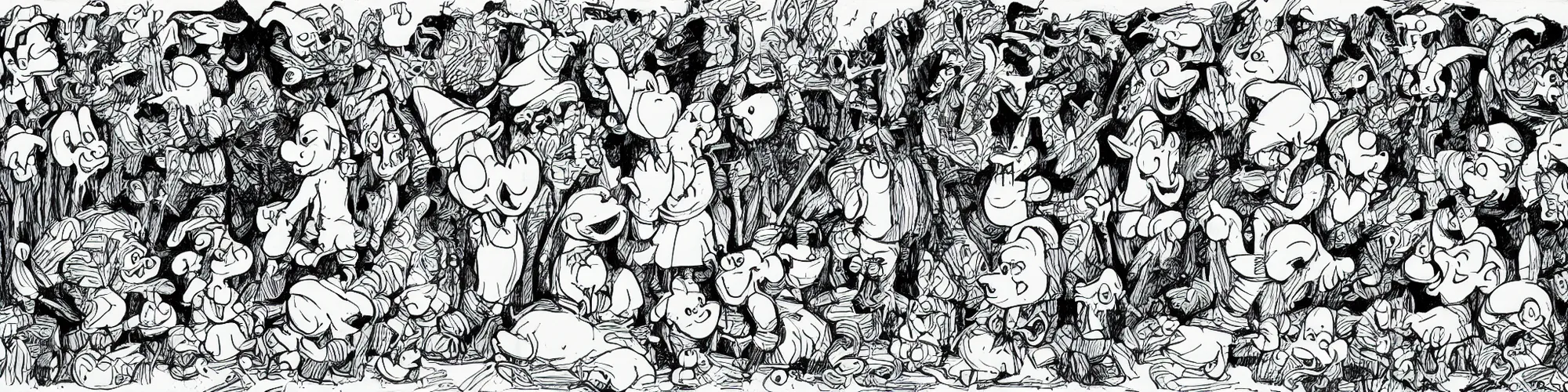 Image similar to smurfs and long whitr bones black and white, line art, pen & ink drawing