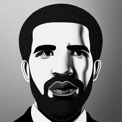 Image similar to monochrome head portrait of drake wearing a black suit and a monocle with a serious expression on his face, black background, 8 k, very intricate, very detailed,